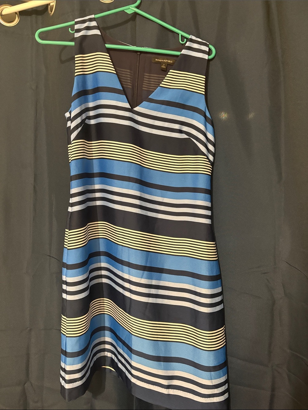 Banana Republic Black, Blue, Yellow & White Striped V-Neck Dress
